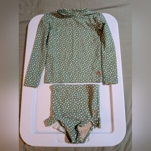 Honey Mark Girl's 2-PC Green Floral Swimsuit Size 2T - 3T Lined High Waist NWOT